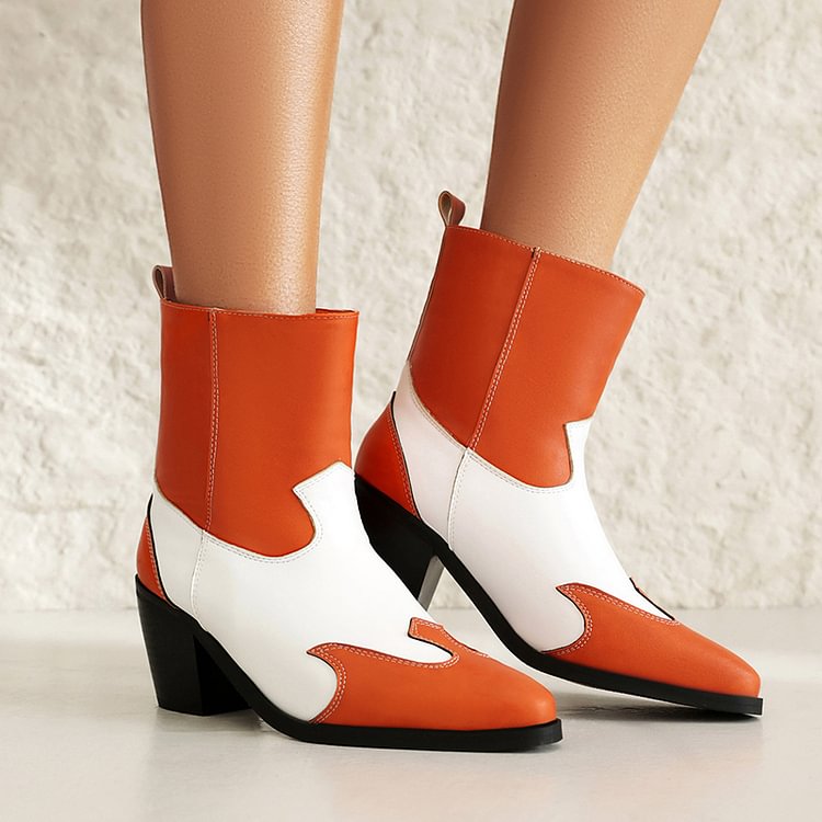 Colorblock Pointed Toe Patchwork Chunky Heel Pull On Ankle Boots