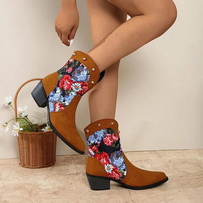 Patchwork Floral Print Metallic Studded Pointed Toe Cowgirl Boots