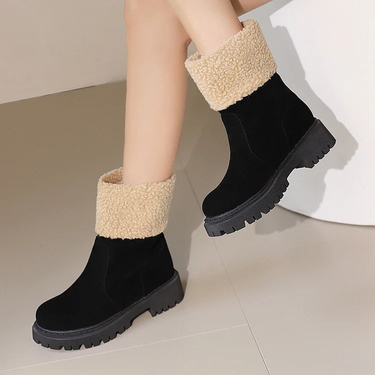 Patchwork Fluffy Trim Round Toe Chunky Heel Pull On Snow Boots