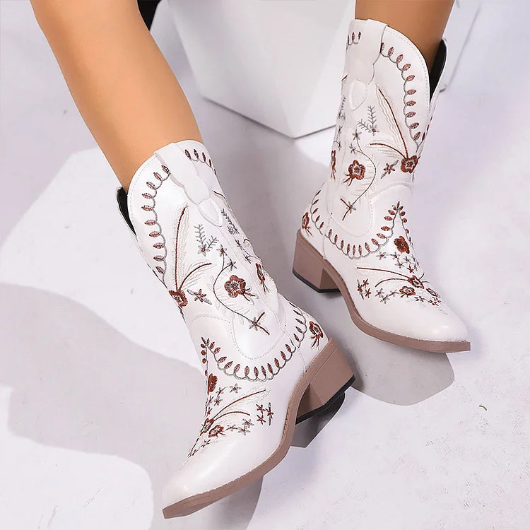 Boho Floral Embroidery V Cut Square Toe Chunky Heel Mid Boots