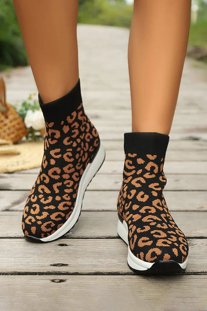 Colorblock Leopard Pattern Round Toe Casual Pull On Ankle Boots