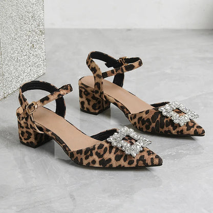 Leopard Print Rhinestone Decor Pointy Toe Ankle Strap Chunky Heels