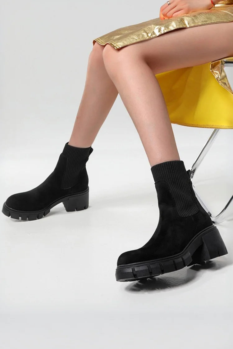 Round Toe Patchwork Casual Chunky Heel Pull On Ankle Boots