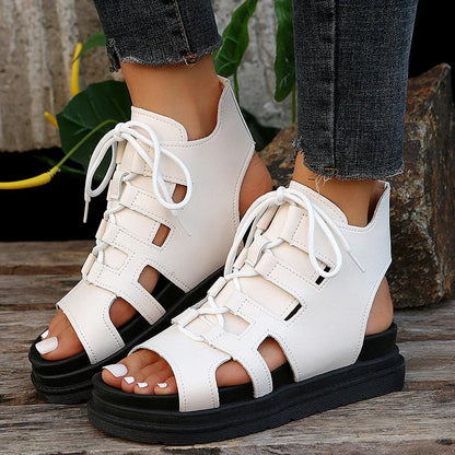 Casual Hollowed Lace Up Peep Toe Muffin Sandals