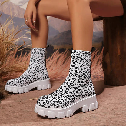 Knitted Leopard Pattern Round Toe Pull On Mid Boots