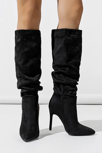 Solid Color Pointed Toe Stiletto Heel Pull On Slouch Knee High Boots