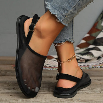 See Through Mesh Slingback Strap Buckle Round Toe Casual Flats