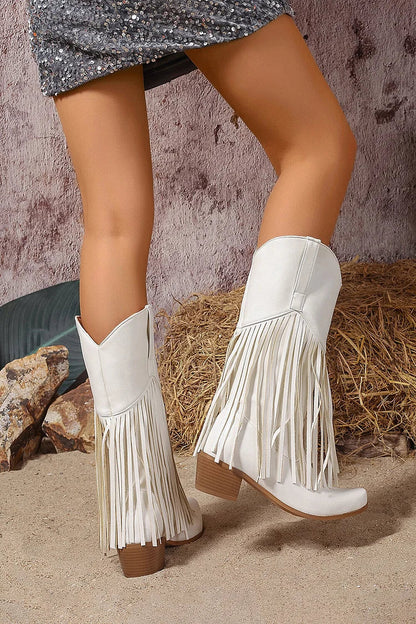 Fringed Trim Solid Color Pointed Toe Chunky Heel Mid Calf Boots