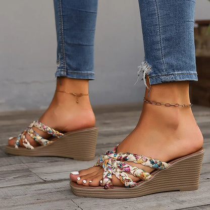 Floral Print Woven Strap Knotted Square Toe Wedge Slippers