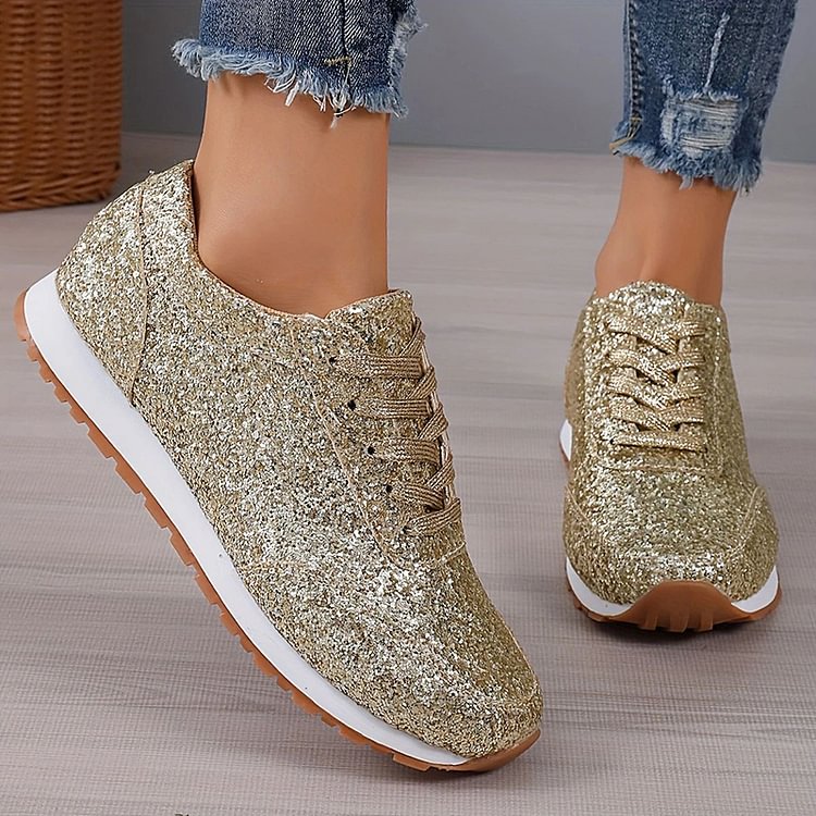 Fashion Glitter Sequin Lace Up Round Toe Solid Sneakers