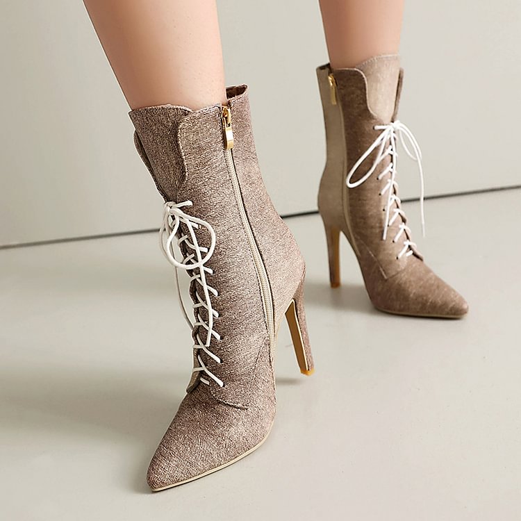 Denim Gradient Color Pointed Toe Stiletto Heel Lace Up Mid Calf Boots