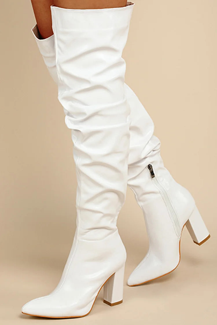 Pointed Toe Chunky Heel Zipper Solid Plain Over The Knee Boots