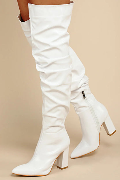 Pointed Toe Chunky Heel Zipper Solid Plain Over The Knee Boots