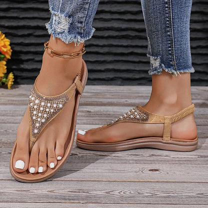 Rhinestone Pearl Embellished Elastic Ankle Band Flip Flops Sandals