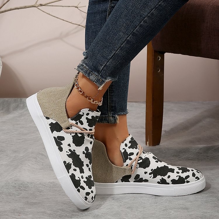 Cow Print Patchwork Round Toe Casual Flat Sneakers