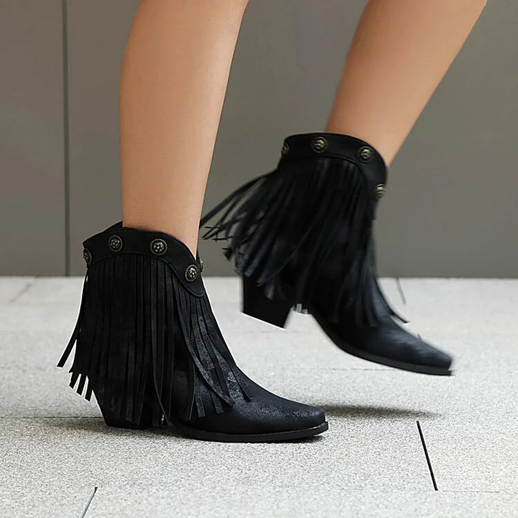 Fringed Trim Metallic Studded Square Toe Chunky Heel Ankle Boots