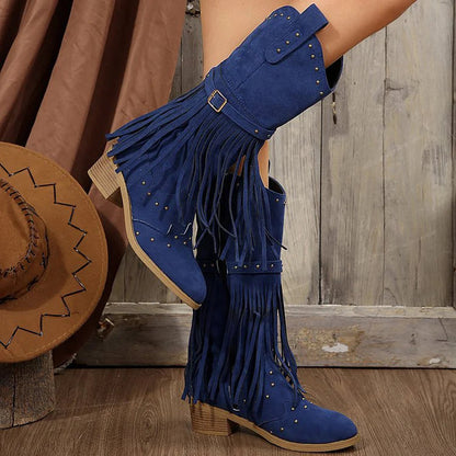 Fringed Trim Metallic Studded Solid Color Chunky Heel Mid Calf Boots