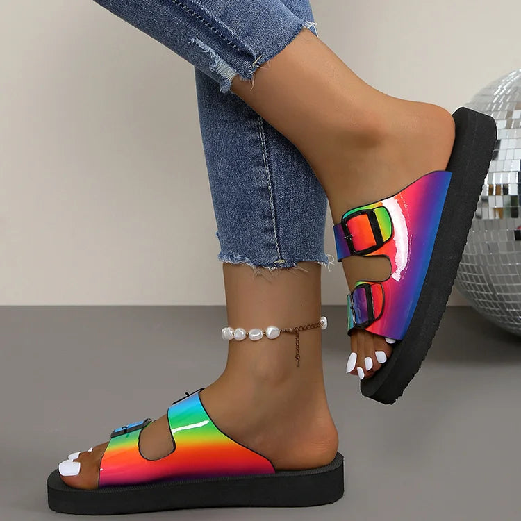 Rainbow Color Buckles Cut Out Round Toe Platform Slippers