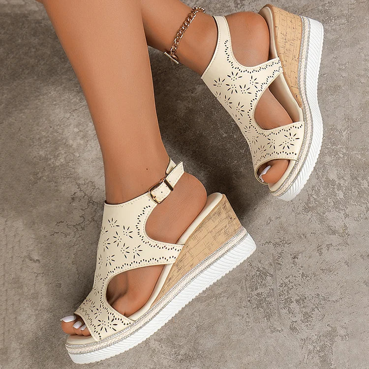 Openwork Cut Out Ankle Strap Buckle Peep Toe Wedge Sandals