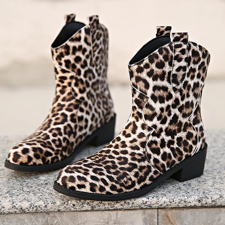 Patchwork Round Toe Leopard Print Chunky Heel Mid Boots