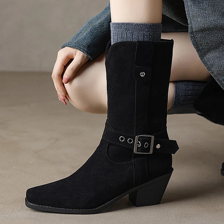 Patchwork Strap Buckle V Cut Square Toe Chunky Heel Mid Boots