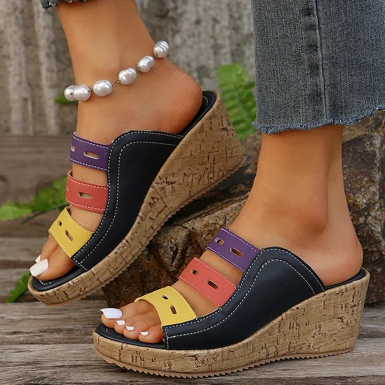 Color Block Quilted Hollow Out Peep Toe Wedge Slippers