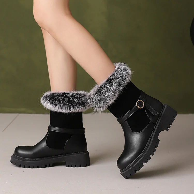 Patchwork Strap Buckle Decor Faux Fur Trim Round Toe Chunky Heel Ankle Boots