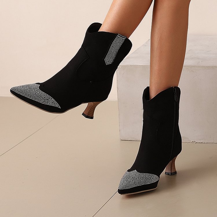 Rhinestone Decor Patchwork Pointed Toe Zipper Ankle Boots