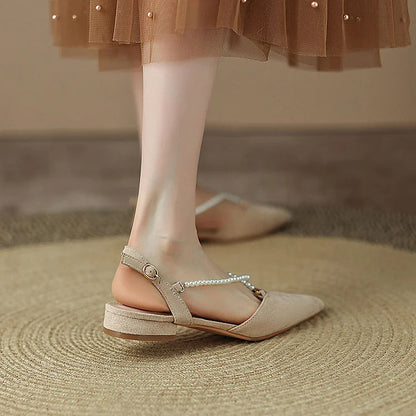 Criss-Cross Pearl Trim Strap Pointy Toe Matte Flats