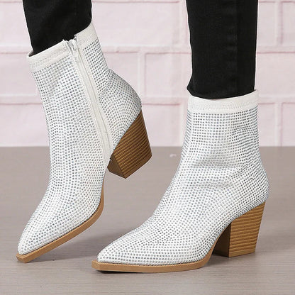 Rhinestone Pointed Toe Zipper Chunky Heel Ankle Boots