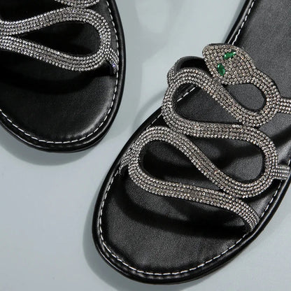 Rhinestone Snake Shaped Strap Round Toe Slippers