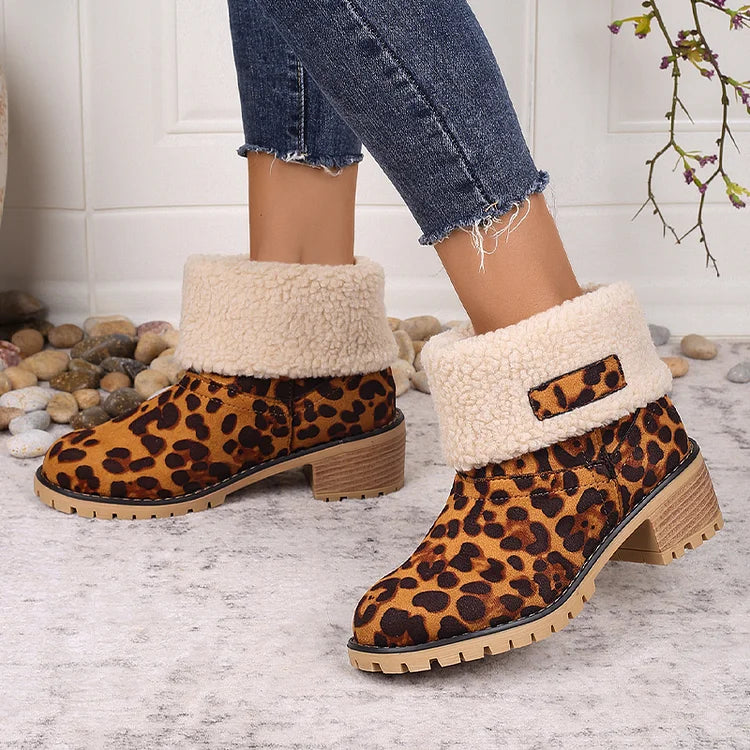 Leopard Print Fleece Lined Round Toe Chunky Heel Snow Boots