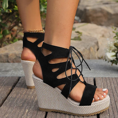 Lace Up Cut Out Peep Toe Braided Platform Wedge Sandals Heels