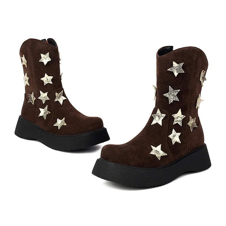 Star Shaped Patchwork Zipper Round Toe Low Platform Ankle Boots