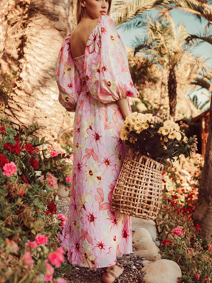 Vestido midi con mangas abullonadas y flores en colores pastel 