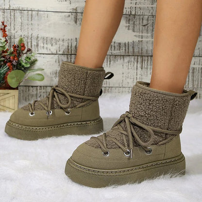 Patchwork Round Toe Lace Up Low Platform Snow Boots