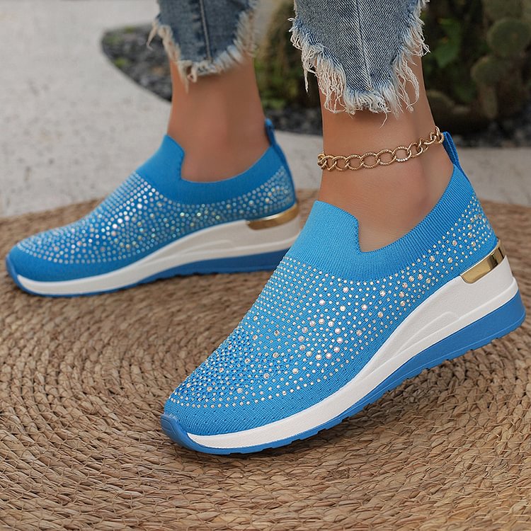 Rhinestone Embellished Round Toe Slip On Platform Casual Shoes Sneakers