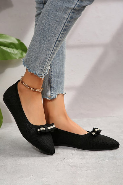 Colorblock Bow Decor Knitted Pointed Toe Slip On Flats