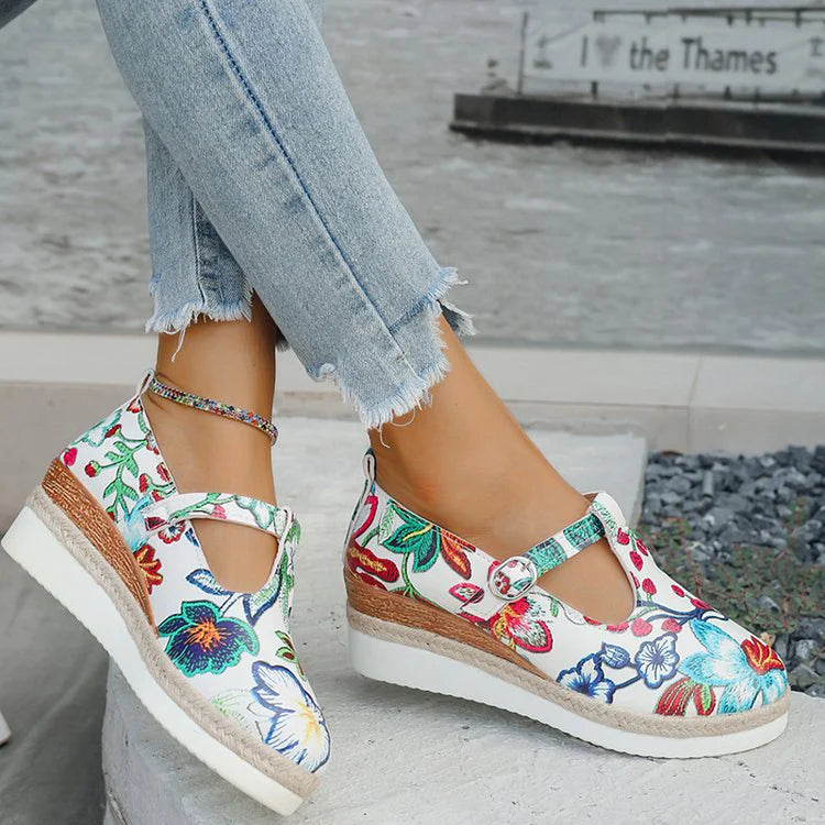 Floral Print Round Toe T-Strap Buckle Wedge Heel Sandals