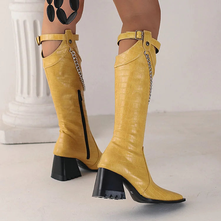 Chain Strap Buckle Decor Crocodile Print Pointed Toe Knee High Boots