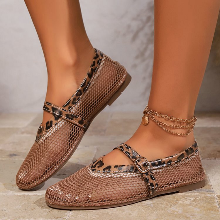 Leopard Print Fishnet Hollow Out Instep Strap Buckle Flats