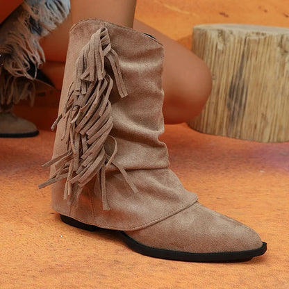 Fringed Trim Solid Color Fold Pointed Toe Chunky Heel Mid Boots