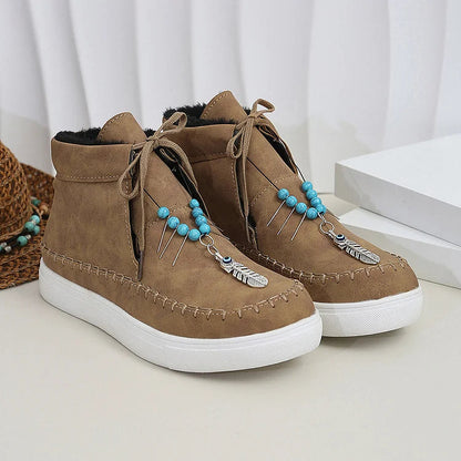 Beads Feather Pendant Stitch Detail Round Toe Ankle Boots