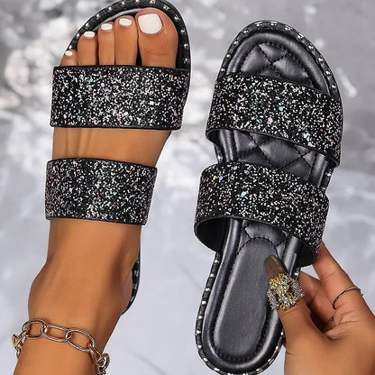 Casual Shimmering Sequin Two Straps Round Toe Slippers