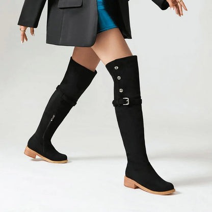 Metal Button Strap Buckle Decor Round Toe Over The Knee Boots