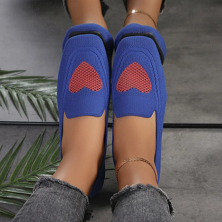 Heart Print Square Toe Knit Breathable Casual Slip Flats