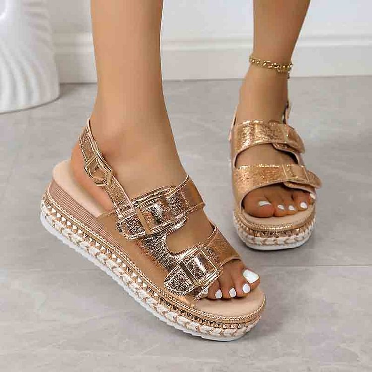 Metallic Sheen Slingback Strap Studded Buckles Platform Sandals