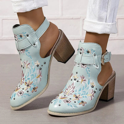 Floral Embroidery Metallic Studded Round Toe Slingback Chunky Heels