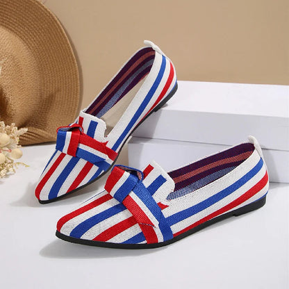 Knotted Colorblock Striped Pointed Toe Slip On Flats