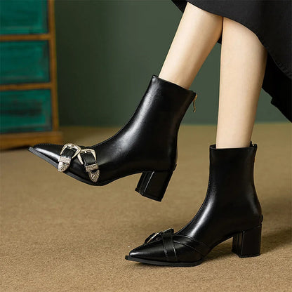 Pointed Toe Two Straps Buckles Decor Chunky Heel Ankle Boots